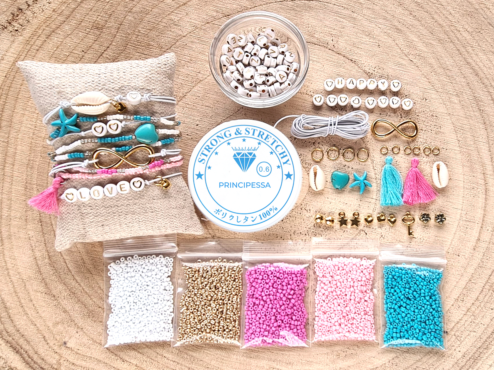 Watt pik Actief DIY startpakket armbandjes – 2mm kraal met letterkralen, connector en gekleurd  elastiek – Goud, roze, turquoise – Principessa shop