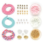 Principessa Katsuki kralenpakket voor armbanden – Ibiza-mix, Roze en Turquoise – 4 mm Rocailles Roze en wit – Gouden kraaltjes – Kauri schelpen