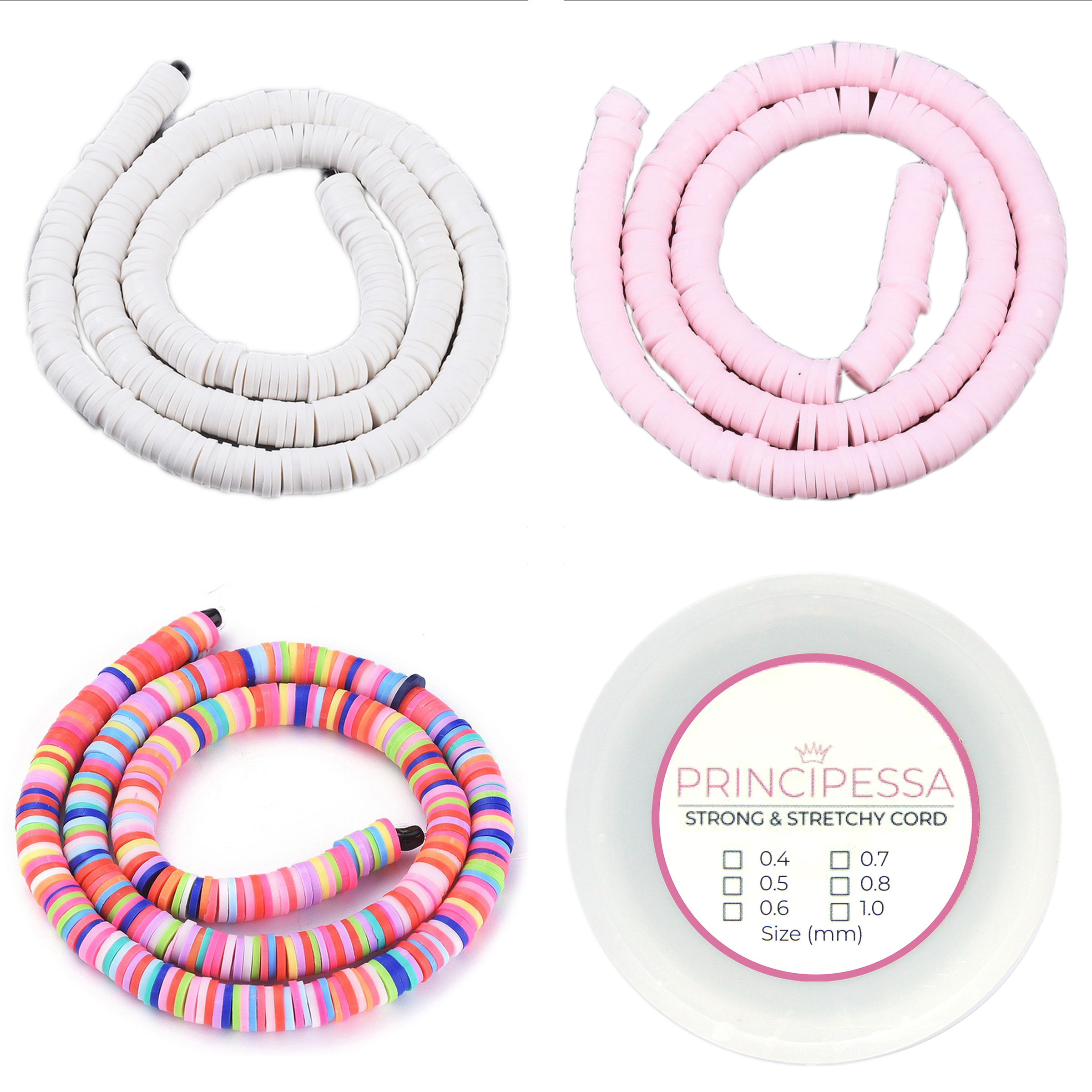 Principessa Katsuki kralen met rol elastiek – Ibiza-mix, Roze en Ivoor Wit – 1.150 kralen – Polymeer klei – 6mm kralen