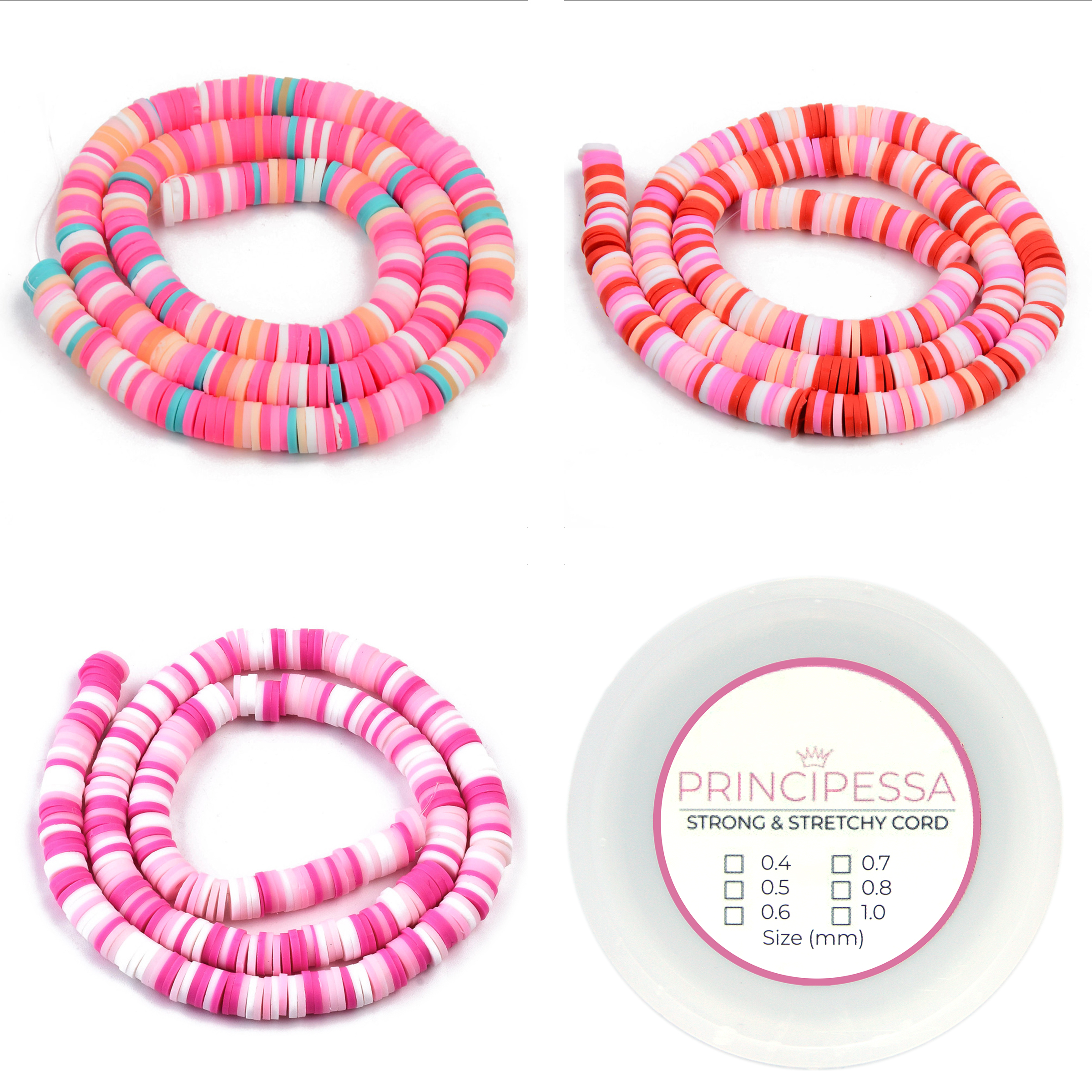 Principessa Katsuki kralen met rol elastiek – Roze/Turquoise-mix, Roze/Roodmix en Roze-mix – 1.150 kralen – Polymeer klei – 6mm kralen