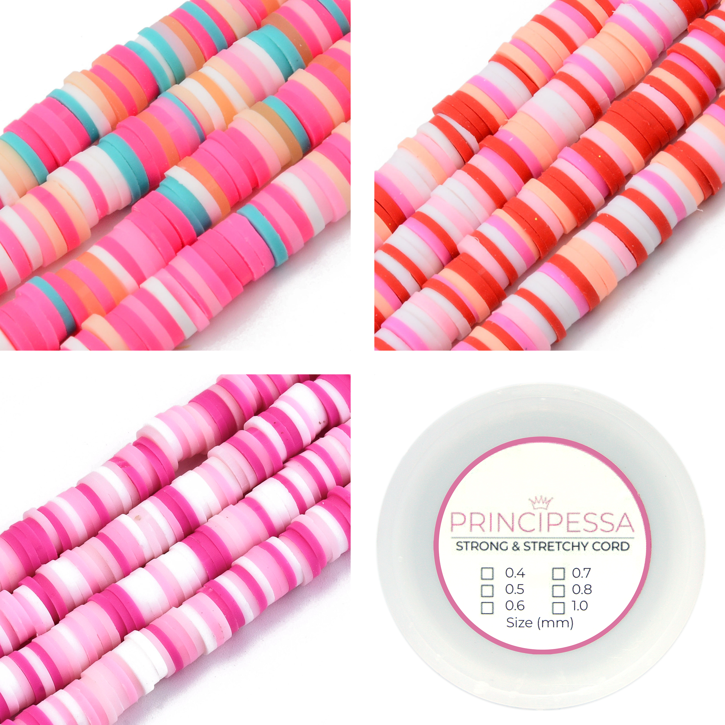 Principessa Katsuki kralen met rol elastiek – Roze/Turquoise-mix, Roze/Roodmix en Roze-mix – 1.150 kralen – Polymeer klei – 6mm kralen