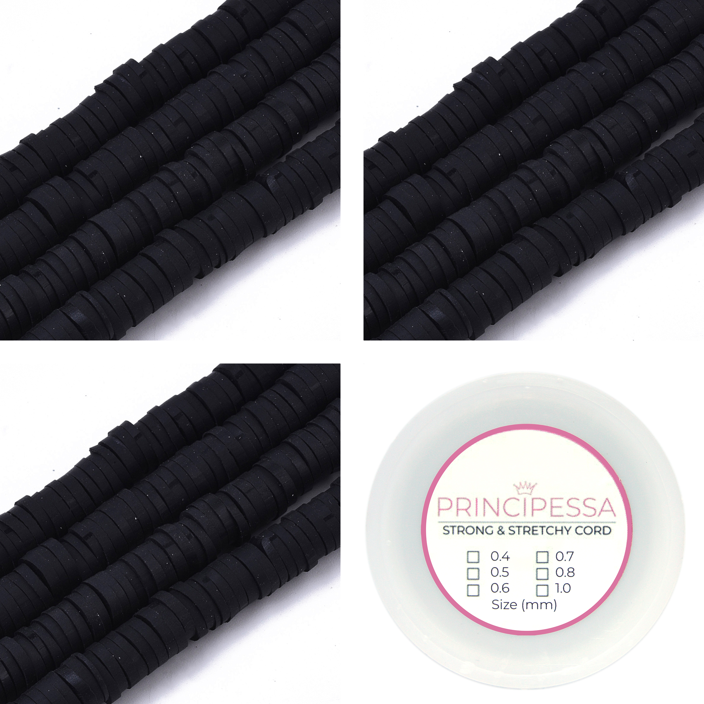 Principessa Katsuki kralen met rol elastiek – 3 x Zwart – 1.150 kralen – Polymeer klei – 6mm kralen