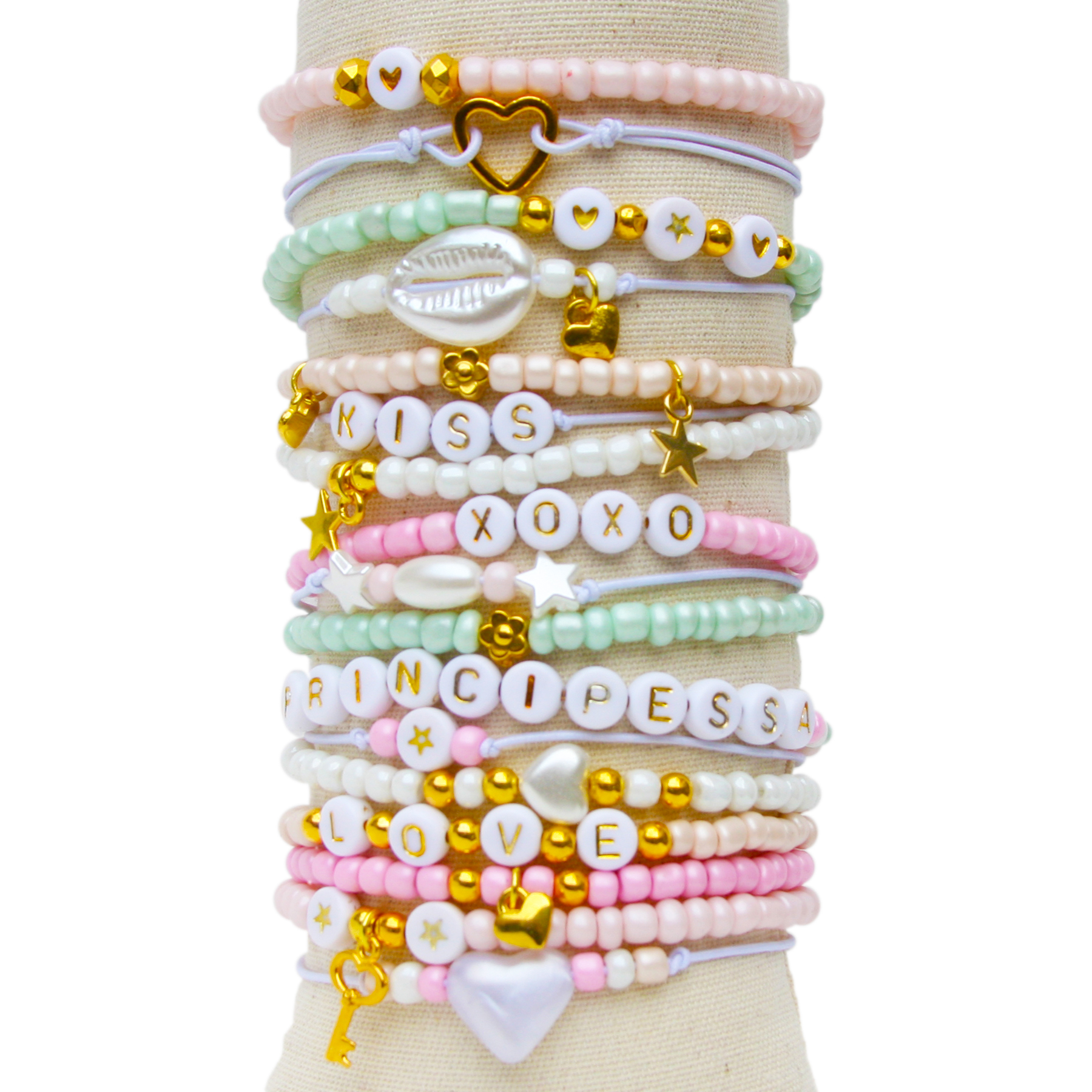 Principessa sieradenpakket voor armbanden – Pastelkleuren – 660 onderdelen – Glas, Acryl, Metaal – Rol elastiek