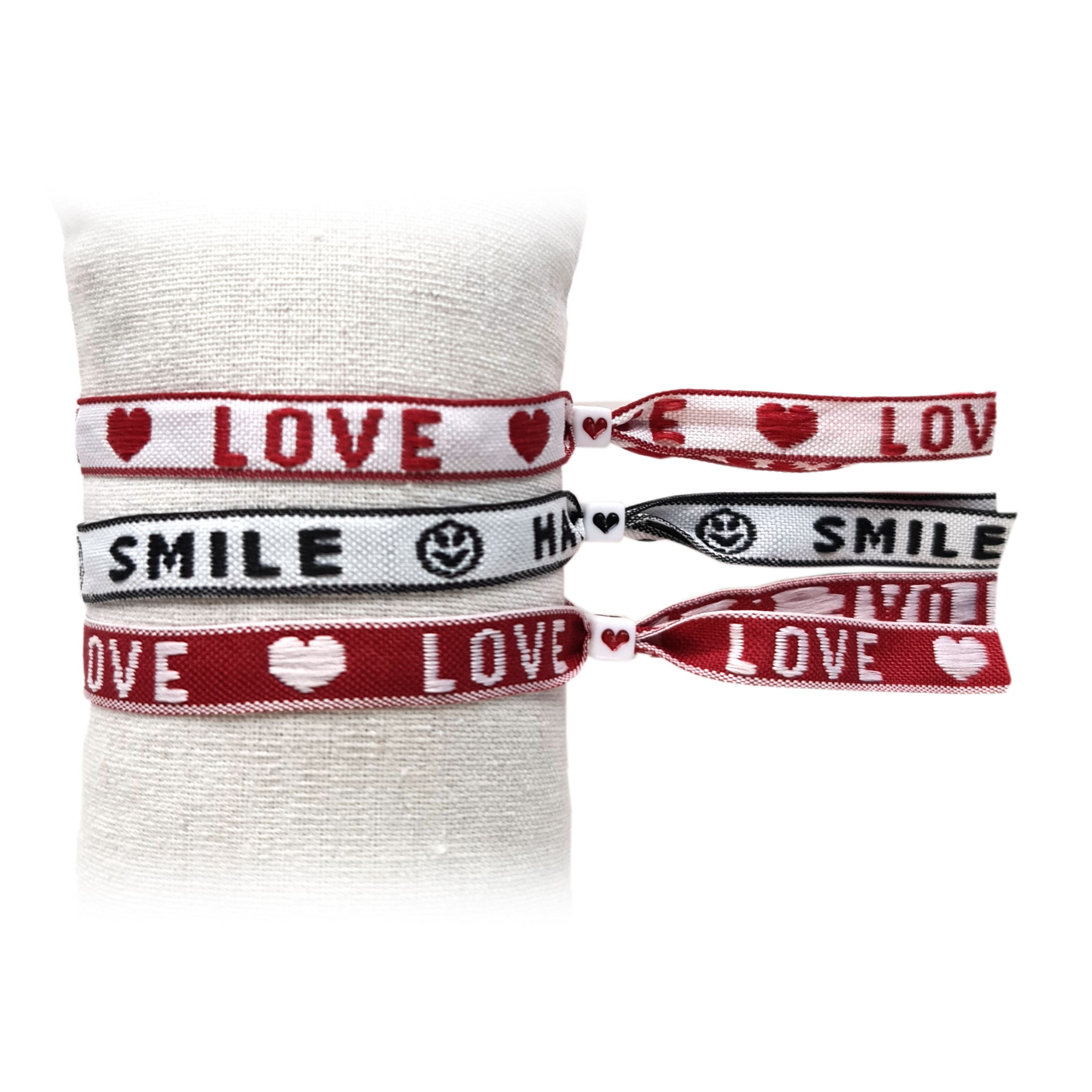 Principessa set van 3 trendy Festival lint armbandjes met tekstlint – Tekst: Love, Happy smile, Love – Kleur: Wit, Rood, Zwart