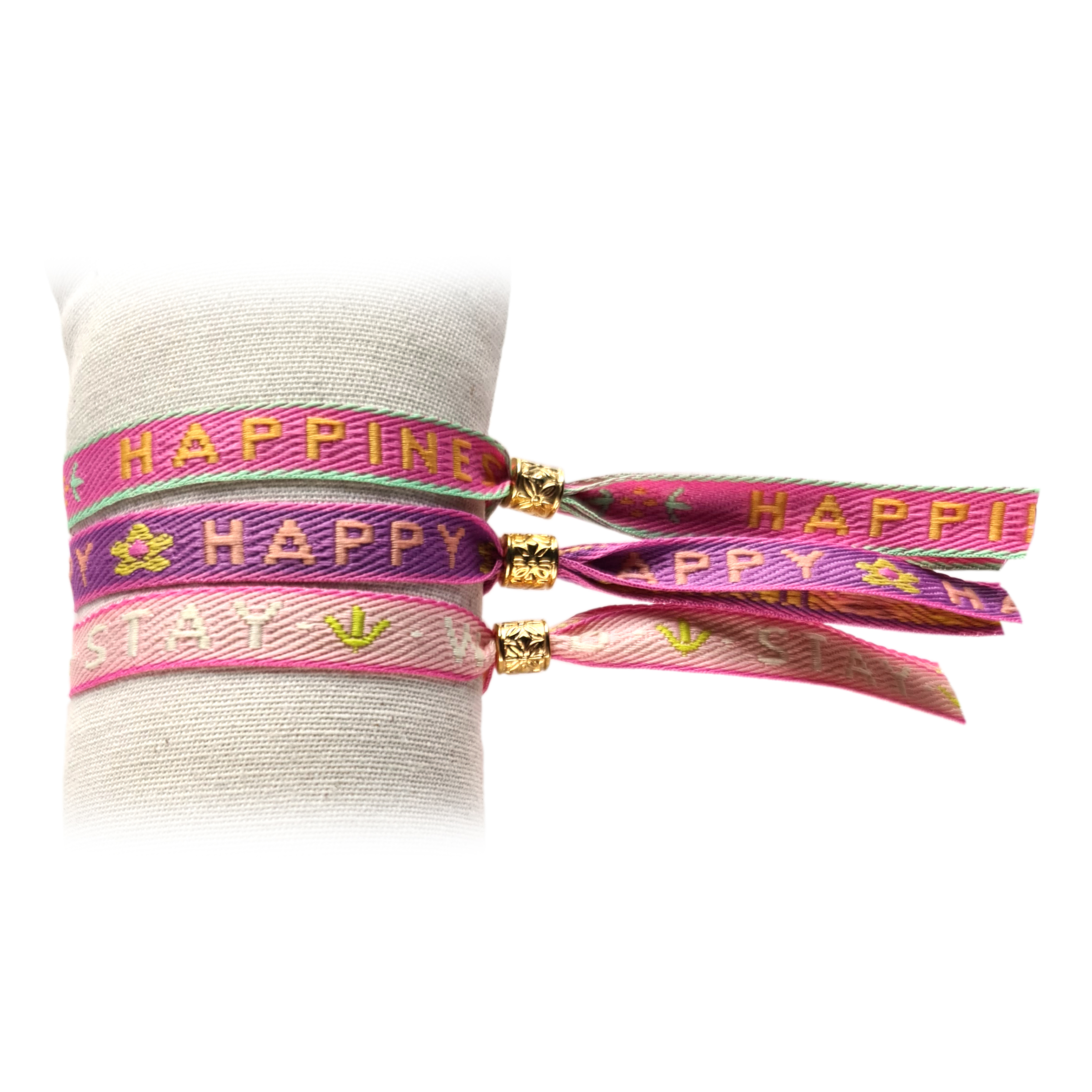 Principessa set van 3 trendy Festival lint armbandjes met tekstlint – Tekst: Happiness, Happy, Stay Wild – Kleur: Roze, Paars, Lichtroze